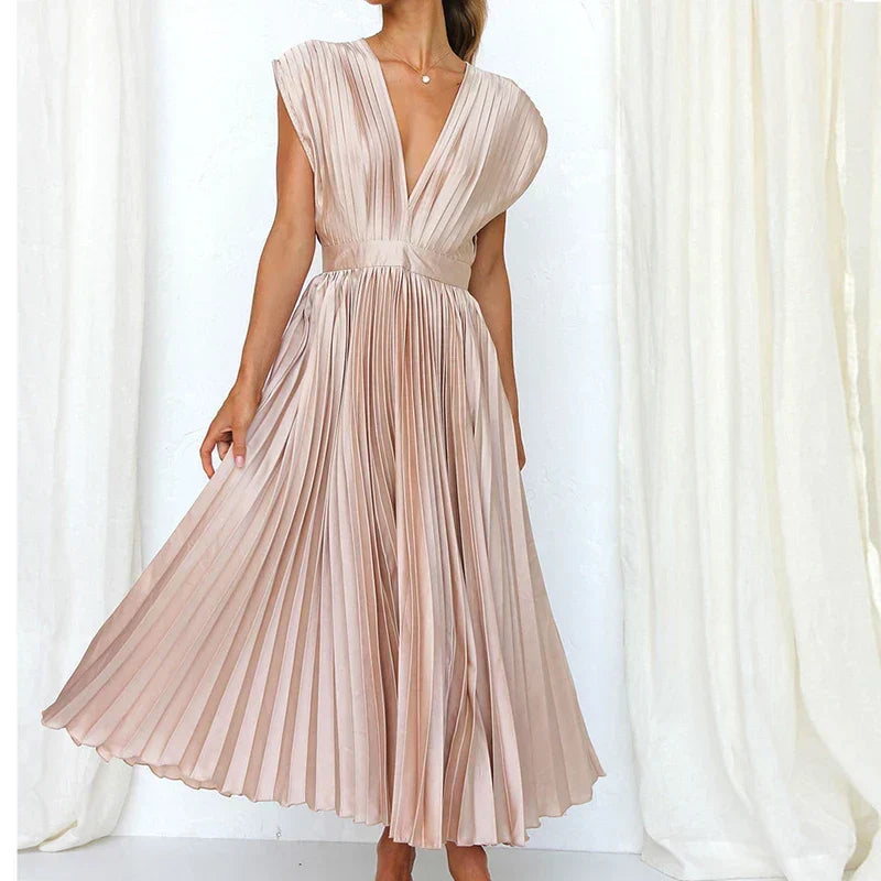 Women Dress | V-Neck Maxi Cut with Pleated Flowing Silhouette