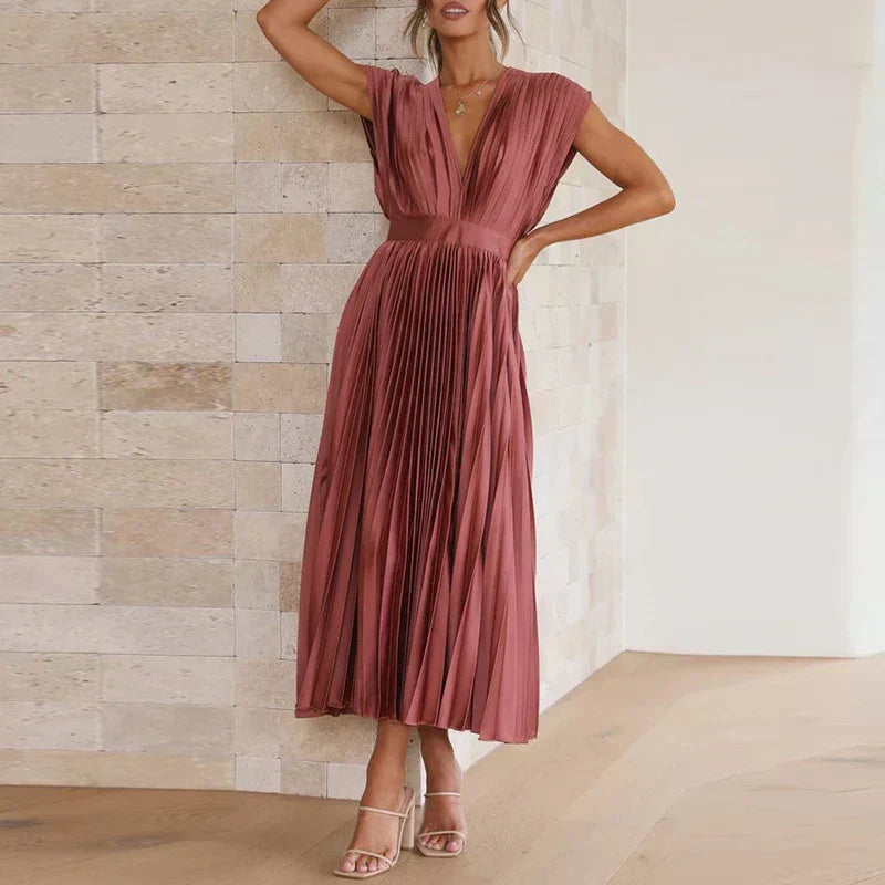 Women Dress | V-Neck Maxi Cut with Pleated Flowing Silhouette
