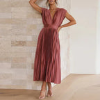 Women Dress | V-Neck Maxi Cut with Pleated Flowing Silhouette