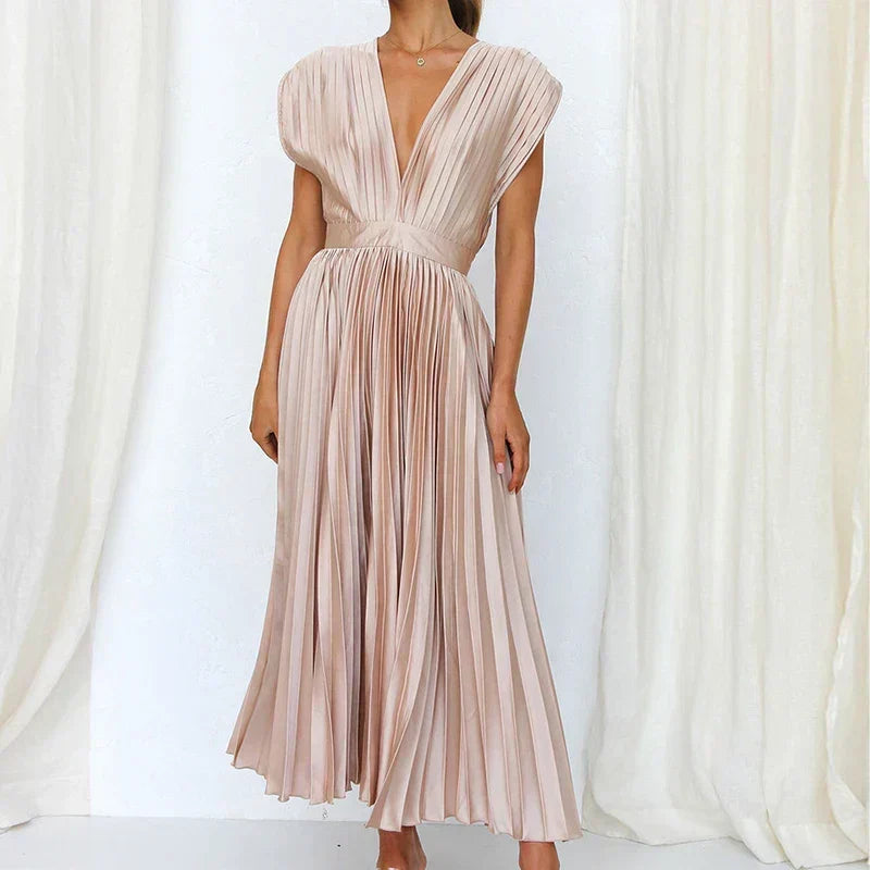 Women Dress | V-Neck Maxi Cut with Pleated Flowing Silhouette
