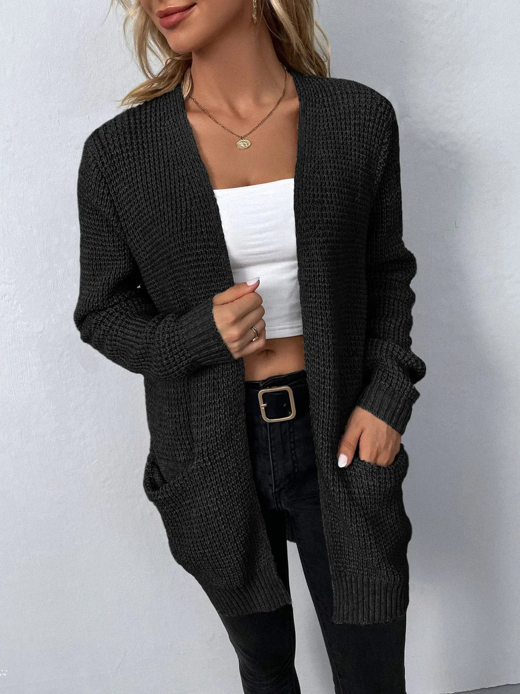 Women Cardigan | Open Front Long Sleeve with Side Pockets