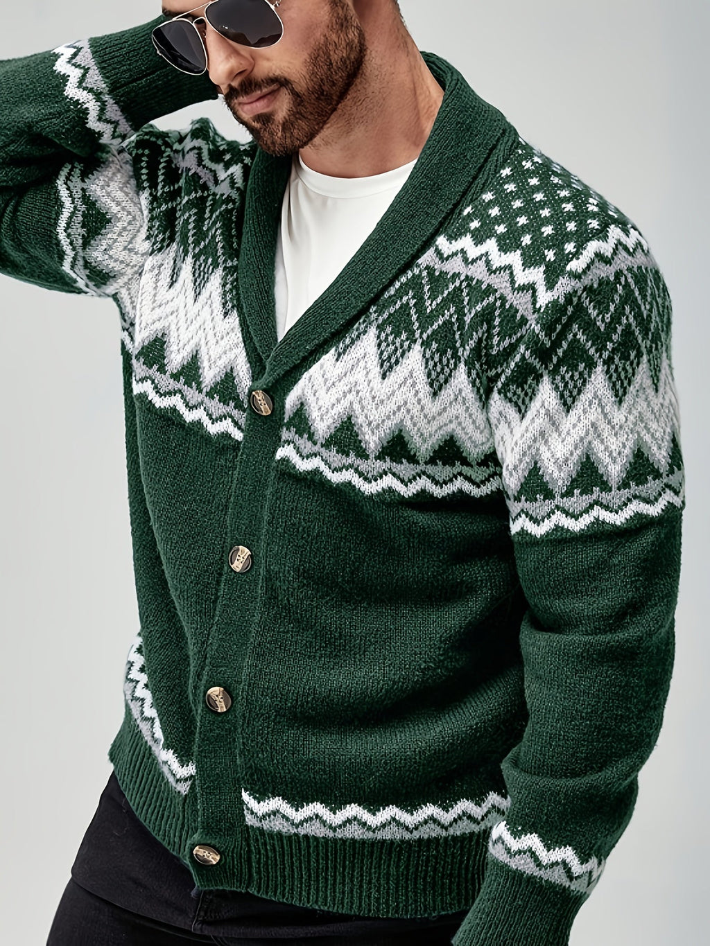 Men Cardigan | Shawl Collar Fair Isle Pattern Button Front
