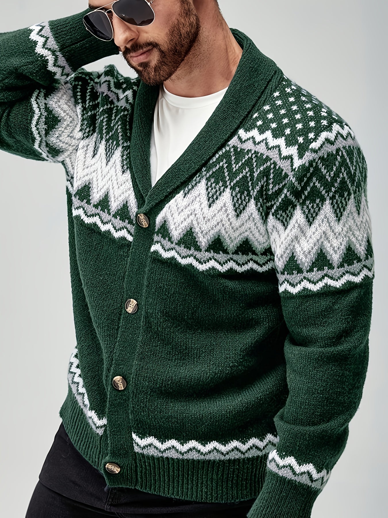 Men Cardigan | Shawl Collar Fair Isle Pattern Button Front