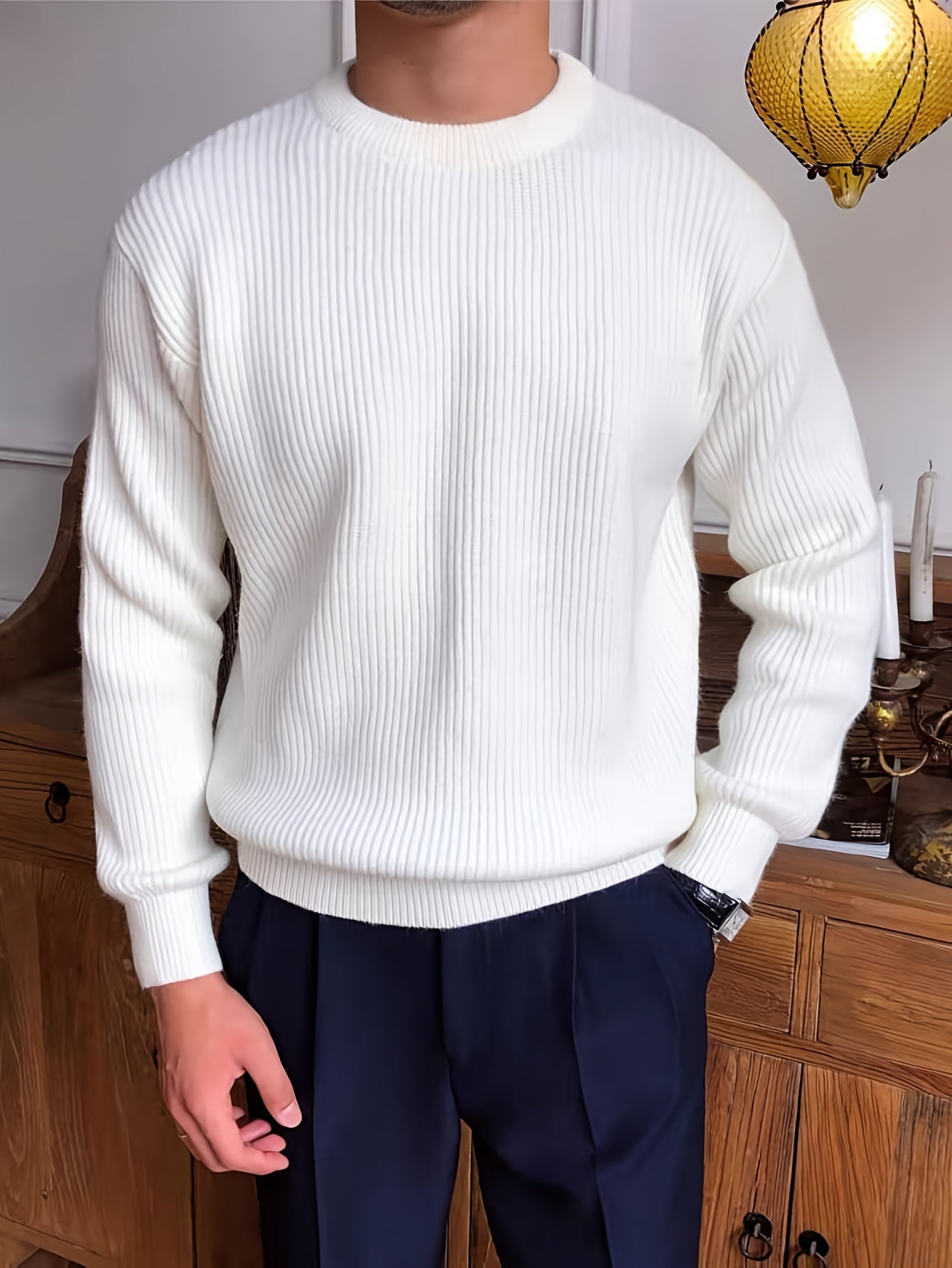 Men Sweatshirt | Crew Neck Ribbed Knit with Long Sleeves