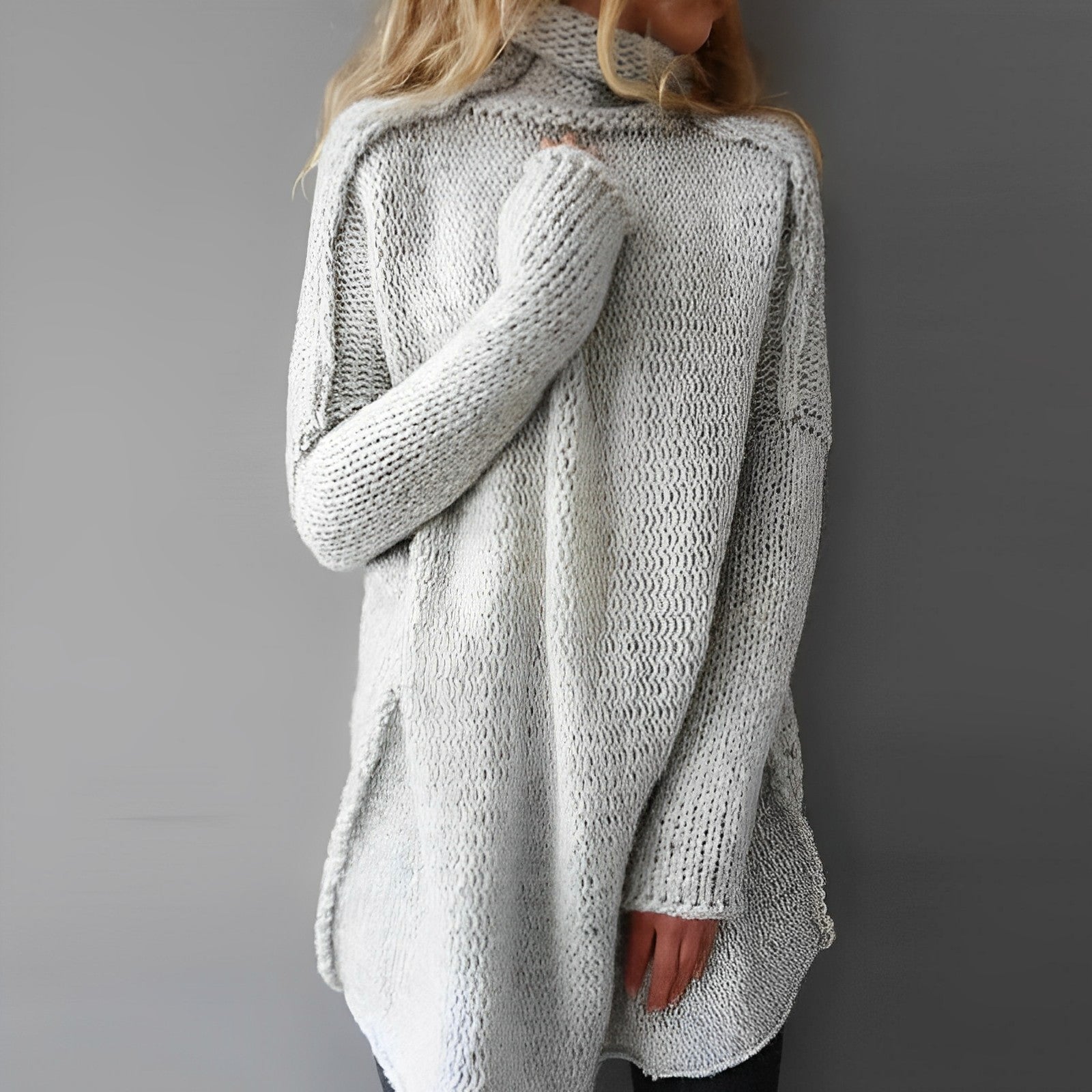 Women Sweater | Loose Fit with Draping Collar Extended Length
