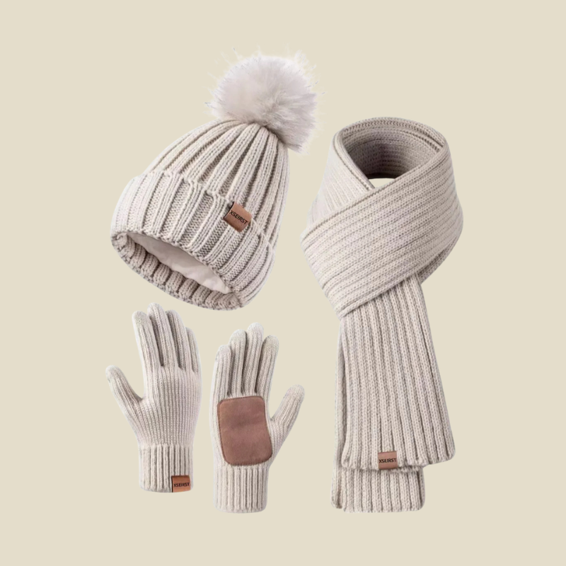 Women Set | Ribbed Knit Beanie Scarf and Gloves Three-Piece