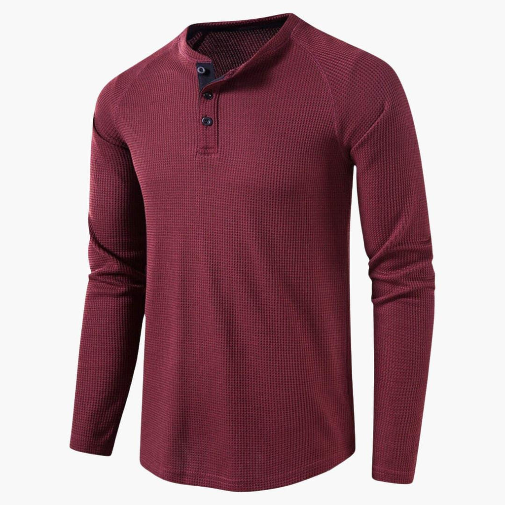 Men T-Shirt | Waffle-Knit Henley with Relaxed Fit Long Sleeve