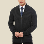 Men Cardigan | Zip-Up Ribbed Knit with Stand Collar Fit