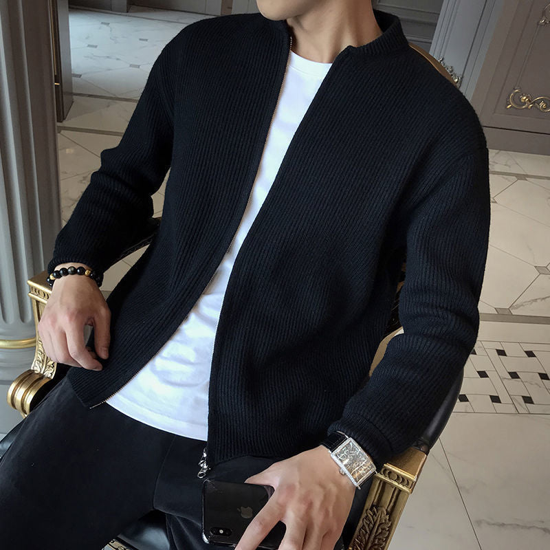 Men Cardigan | Full Zip Ribbed Knit with Stand Collar