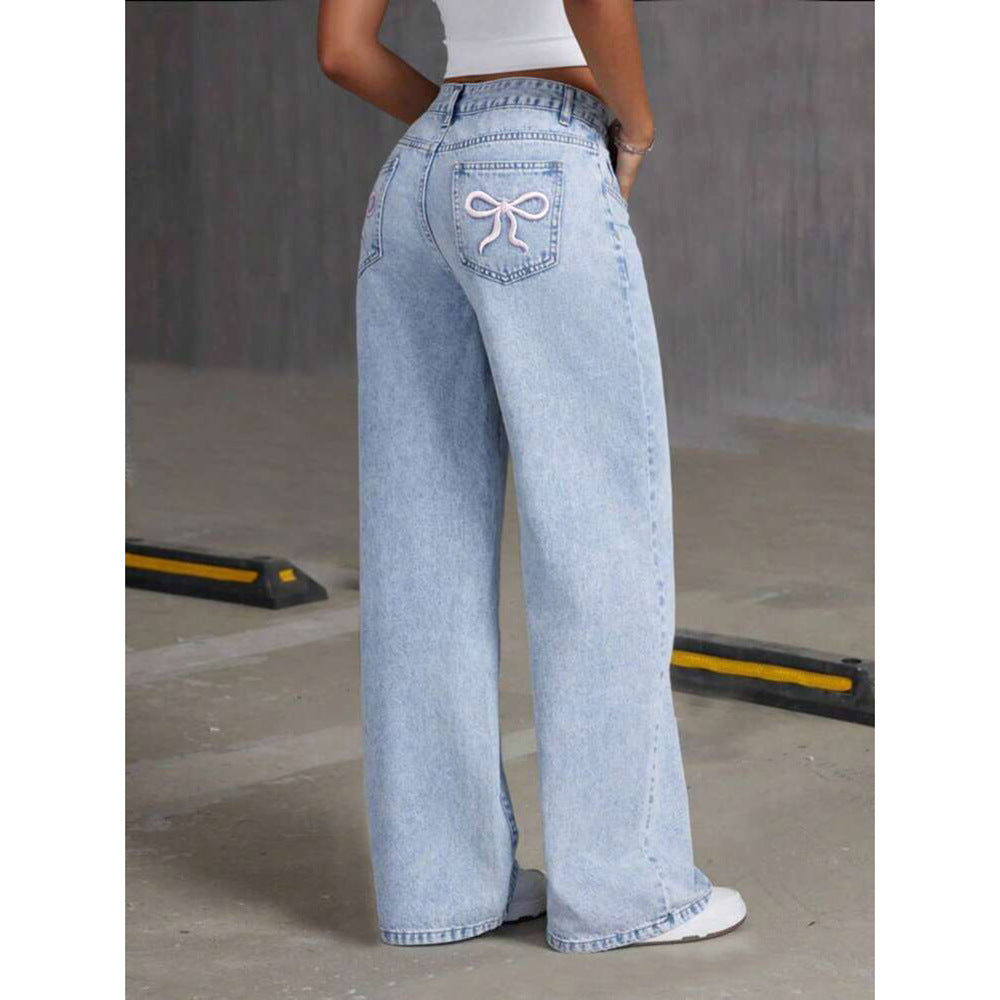 Women Trousers | Wide Leg High Waist with Cherry Embroidery
