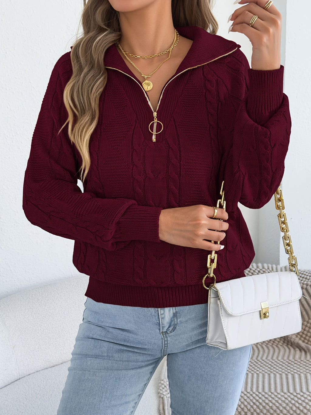 Women Top | Quarter-Zip Collar with Textured Knit Long Sleeves
