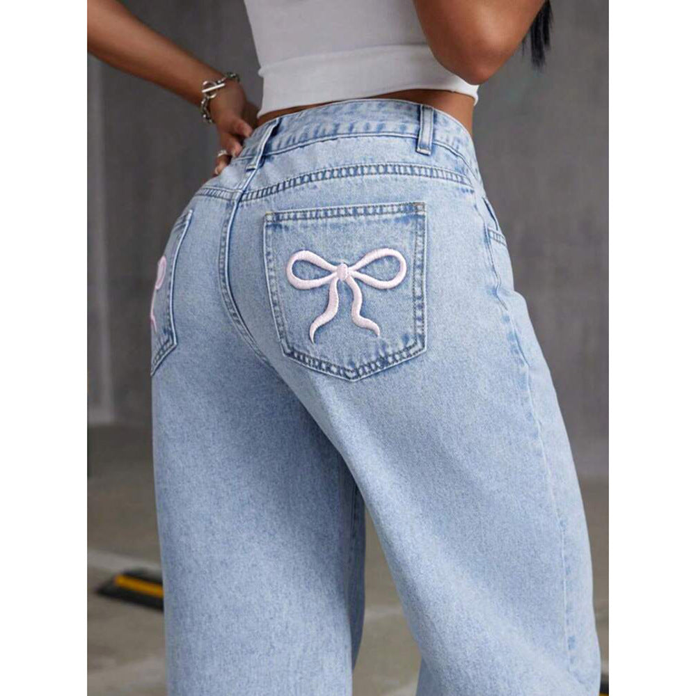 Women Trousers | Wide Leg High Waist with Cherry Embroidery