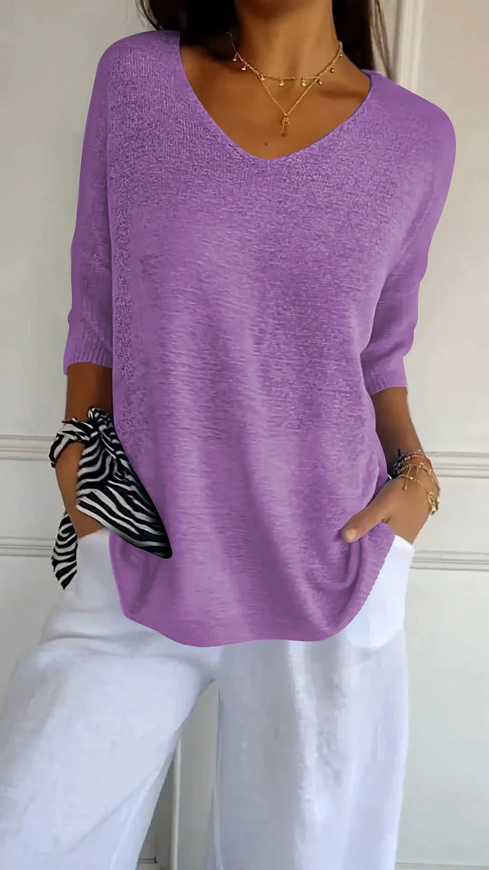 Women Sweater | Ribbed V-Neck Pullover with Long Sleeves