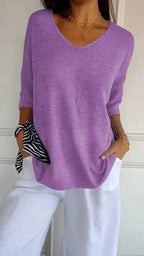 Women Sweater | Ribbed V-Neck Pullover with Long Sleeves