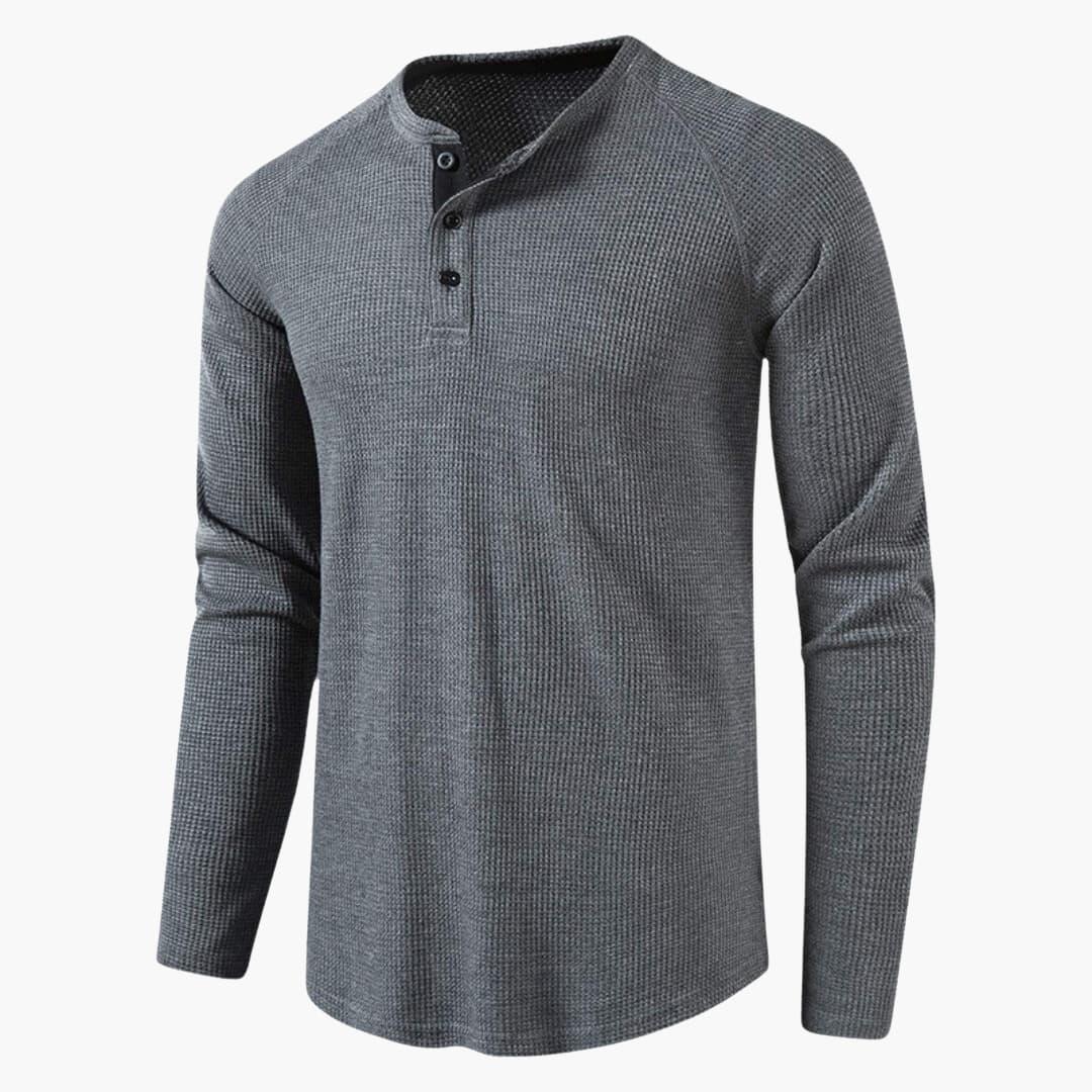 Men T-Shirt | Waffle-Knit Henley with Relaxed Fit Long Sleeve