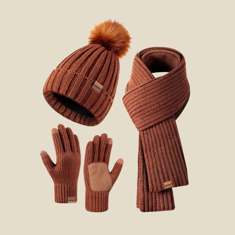 Women Set | Ribbed Knit Beanie Scarf and Gloves Three-Piece