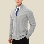 Men Cardigan | Zip-Up Ribbed Knit with Stand Collar Fit
