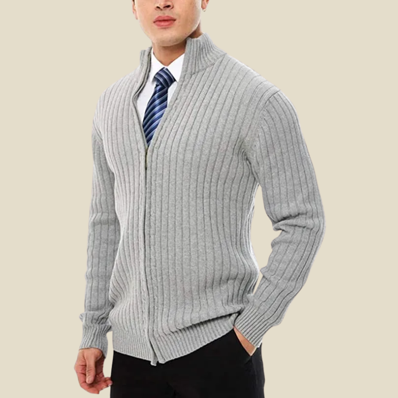 Men Cardigan | Zip-Up Ribbed Knit with Stand Collar Fit