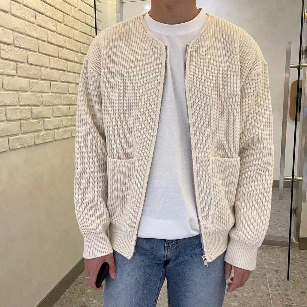Men Cardigan | Zip-Up Crew Neck Ribbed Knit with Pockets