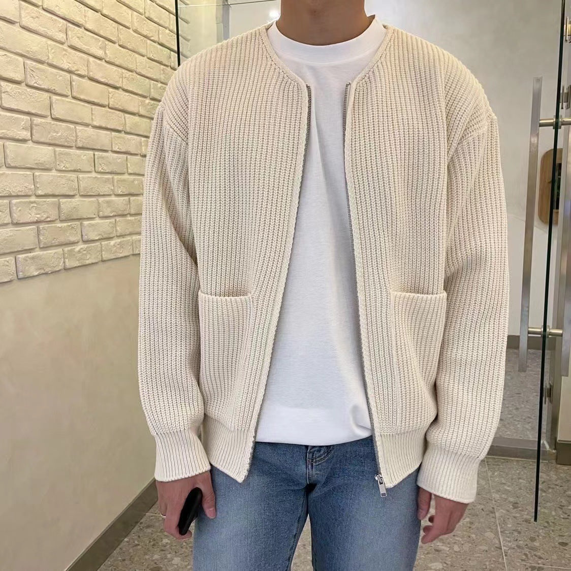 Men Cardigan | Zip-Up Crew Neck Ribbed Knit with Pockets