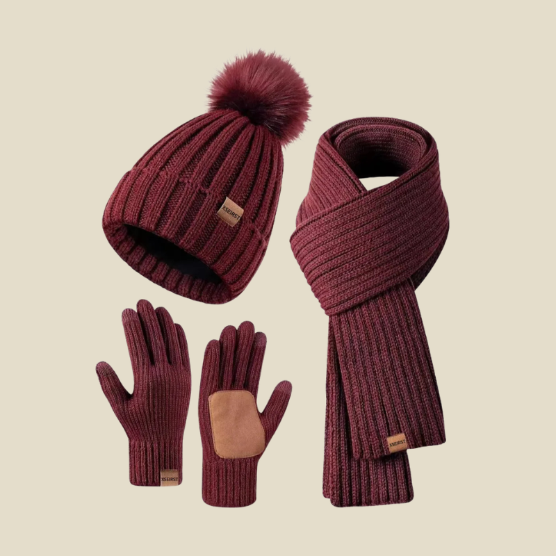 Women Set | Ribbed Knit Beanie Scarf and Gloves Three-Piece