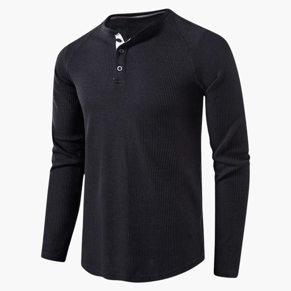 Men T-Shirt | Waffle-Knit Henley with Relaxed Fit Long Sleeve