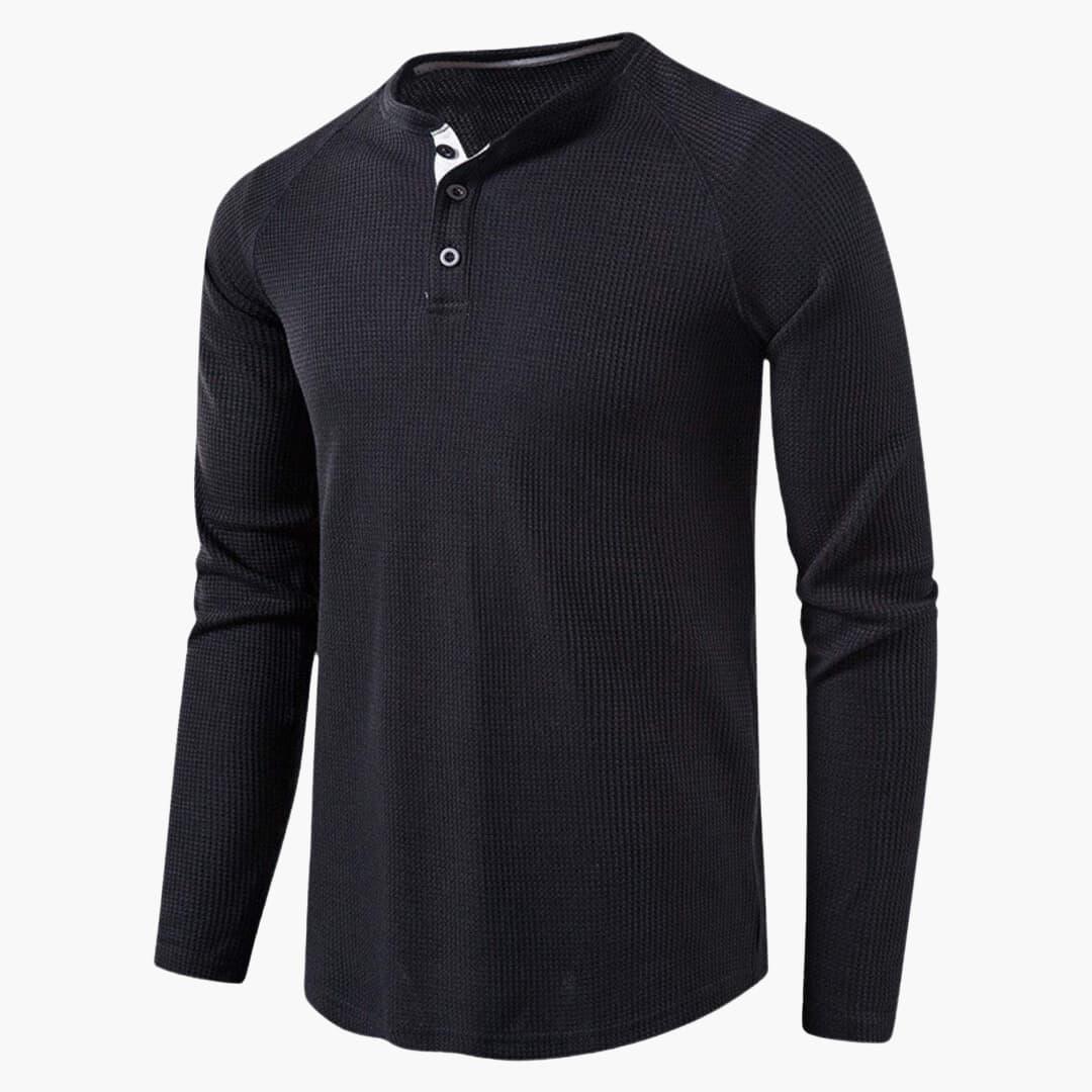 Men T-Shirt | Waffle-Knit Henley with Relaxed Fit Long Sleeve