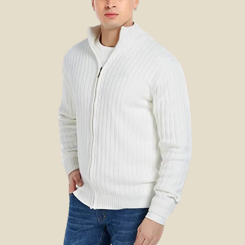 Men Cardigan | Zip-Up Ribbed Knit with Stand Collar Fit