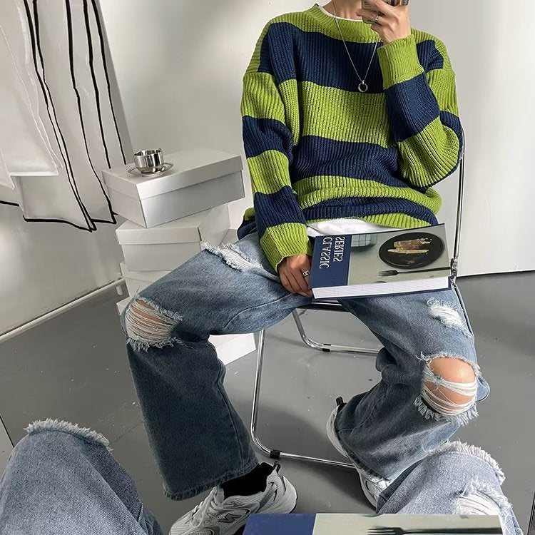 Men Sweatshirt | Oversized Crew Neck Colour Block Stripe Fit