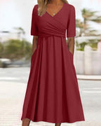 Women Dress | A-Line Midi Cut with V-Neck and Gathered Waist