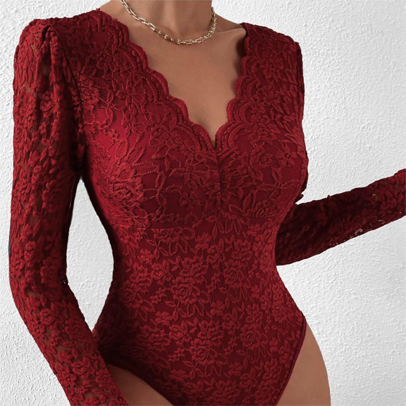 Women Lace Top | Long Sleeve Sweetheart Neckline Fitted Cut