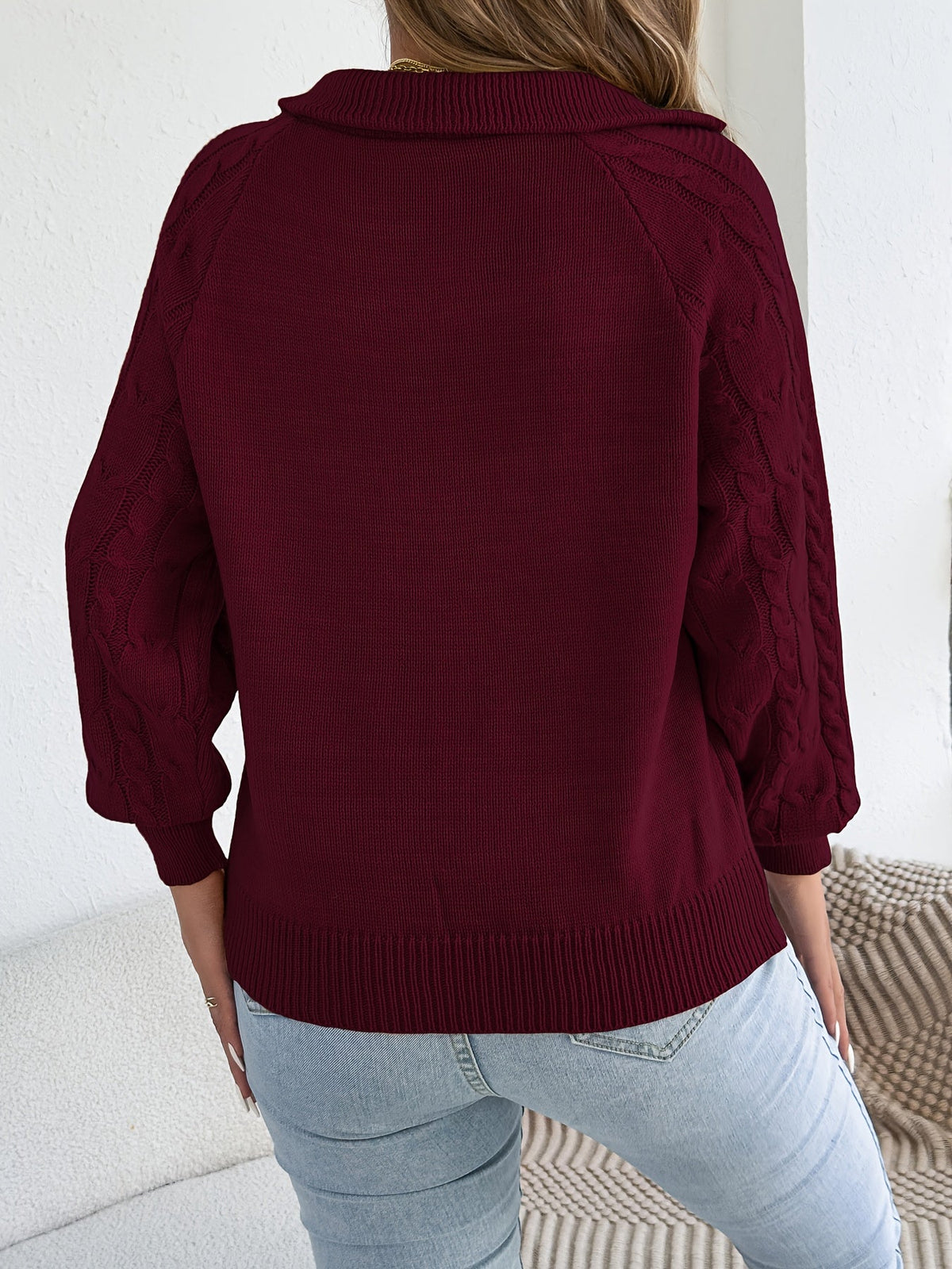 Women Top | Quarter-Zip Collar with Textured Knit Long Sleeves