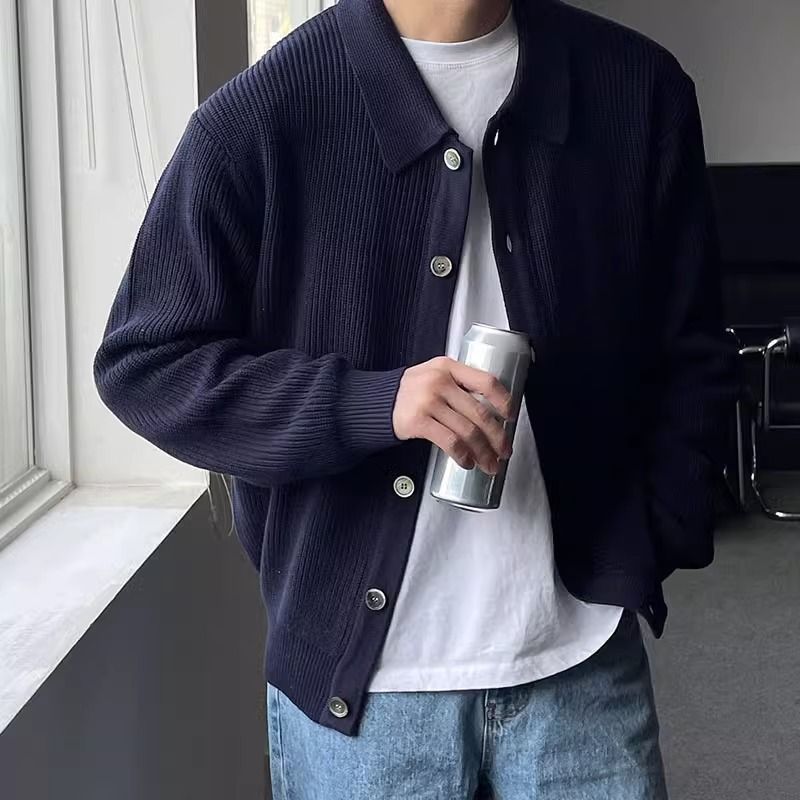 Men Cardigan | Ribbed Knit with Collared Button-Front