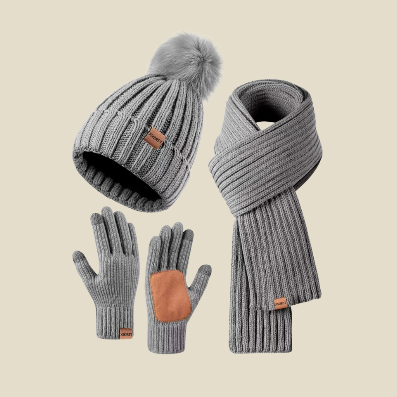 Women Set | Ribbed Knit Beanie Scarf and Gloves Three-Piece