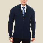 Men Cardigan | Zip-Up Ribbed Knit with Stand Collar Fit