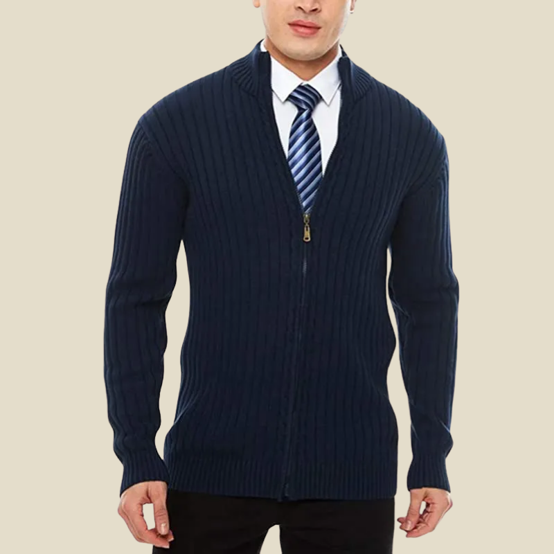 Men Cardigan | Zip-Up Ribbed Knit with Stand Collar Fit