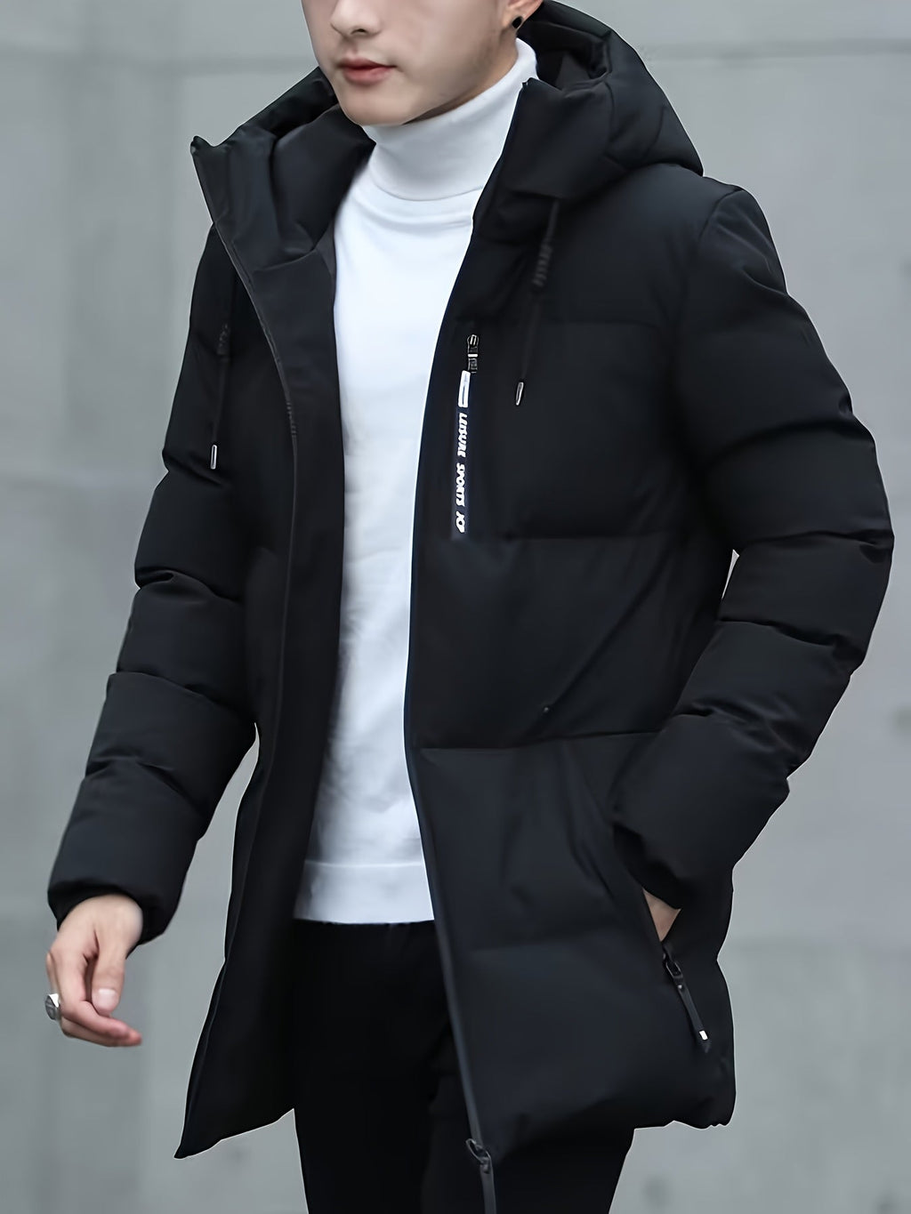 Men Puffer Jacket | Hooded Mid-Length with Zip Pockets
