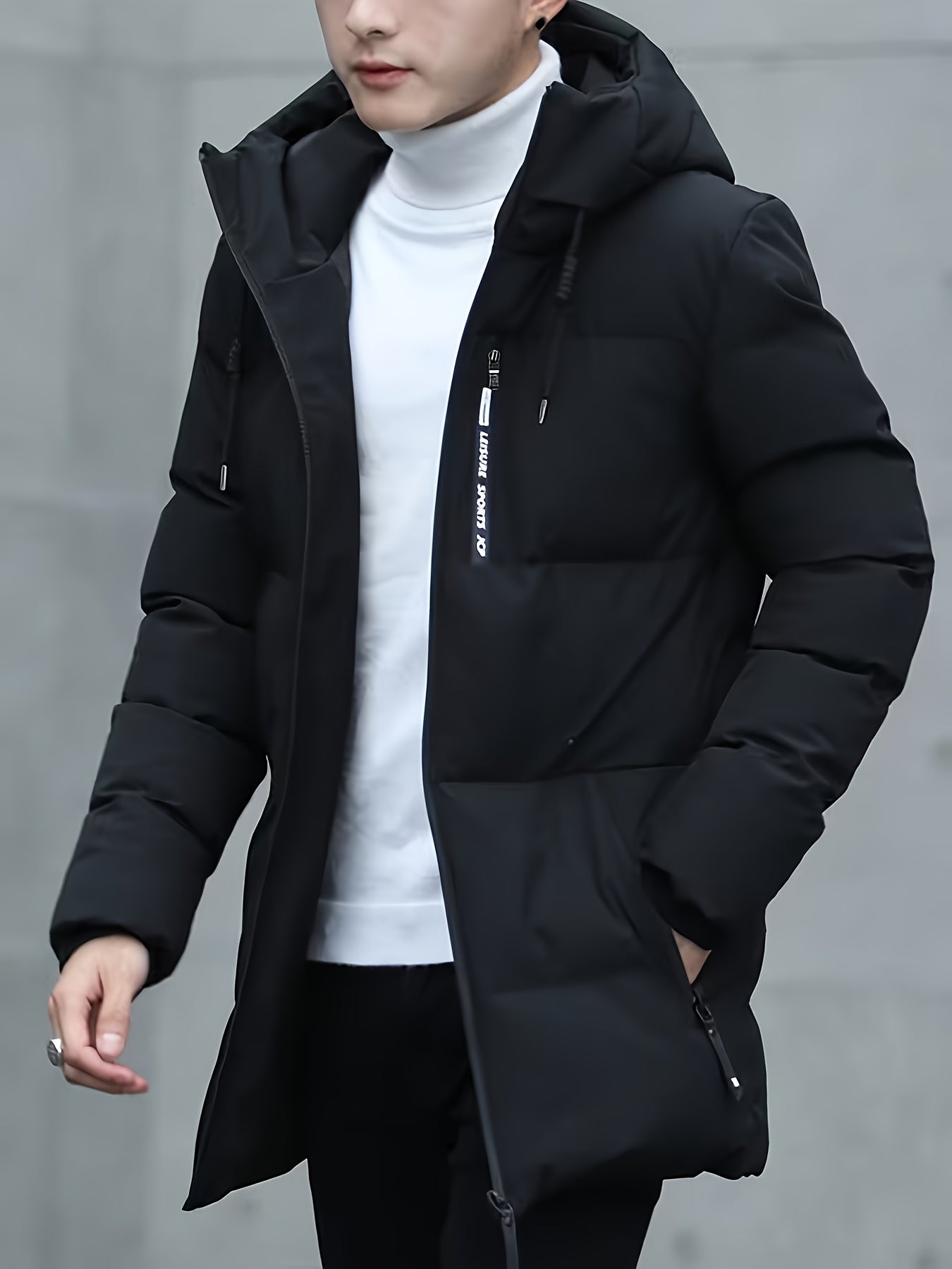 Men Puffer Jacket | Hooded Mid-Length with Zip Pockets