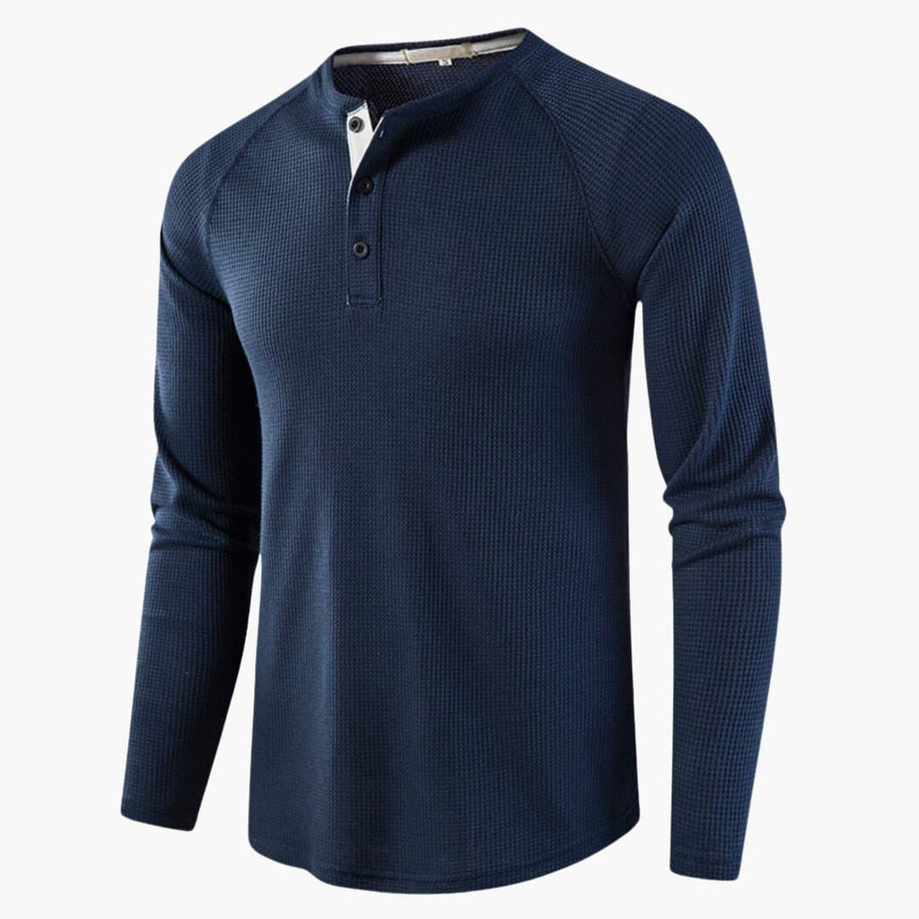 Men T-Shirt | Waffle-Knit Henley with Relaxed Fit Long Sleeve