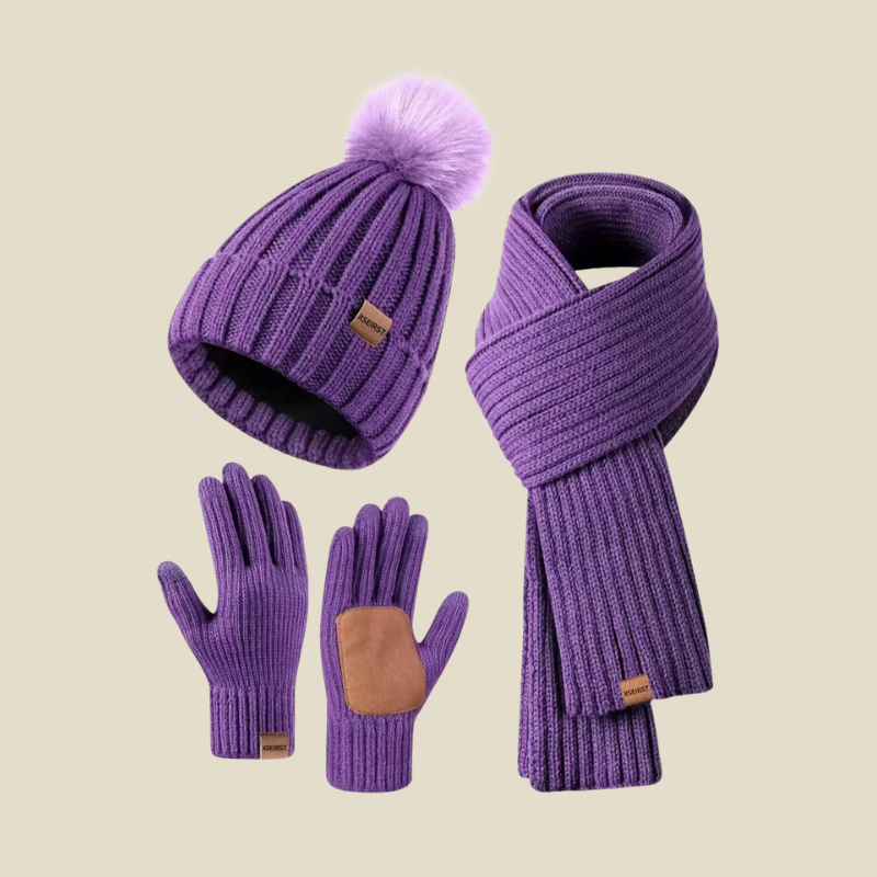 Women Set | Ribbed Knit Beanie Scarf and Gloves Three-Piece