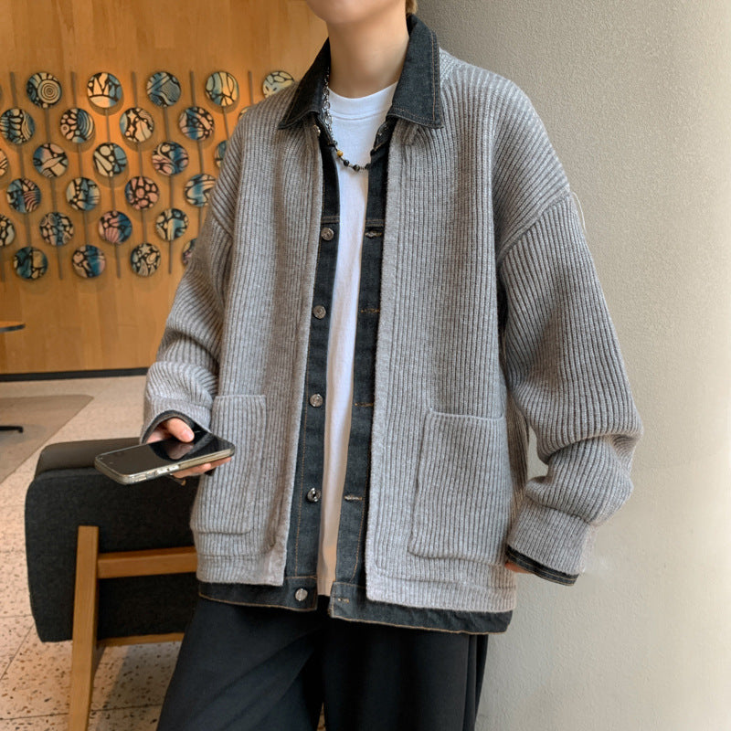 Men Cardigan | Ribbed Knit with Denim Trim and Button Front