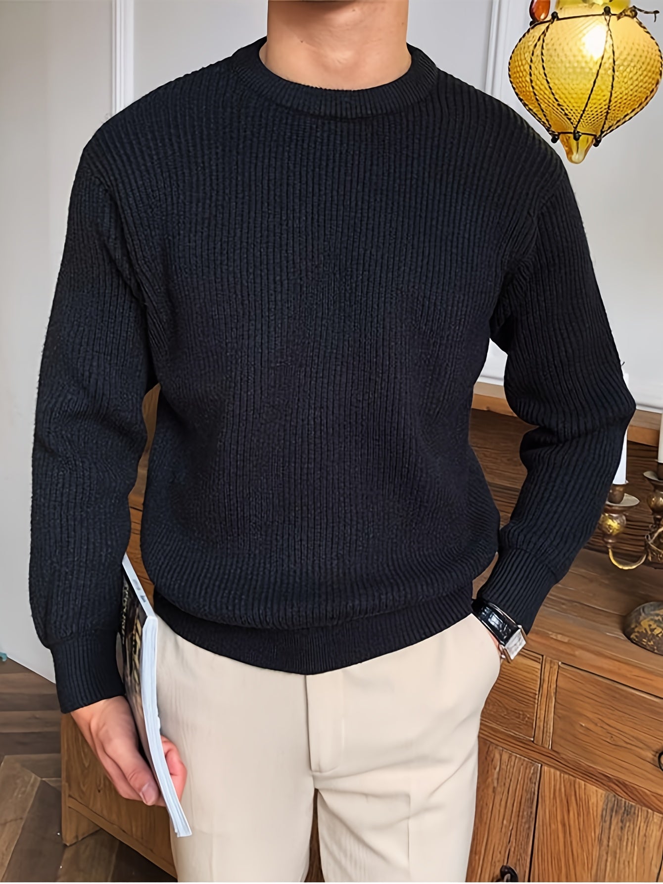 Men Sweatshirt | Crew Neck Ribbed Knit with Long Sleeves