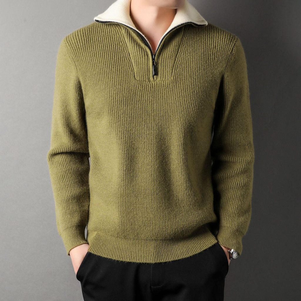 Men Sweater | Quarter-Zip Ribbed Knit with Contrast Collar