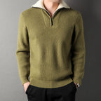 Men Sweater | Quarter-Zip Ribbed Knit with Contrast Collar