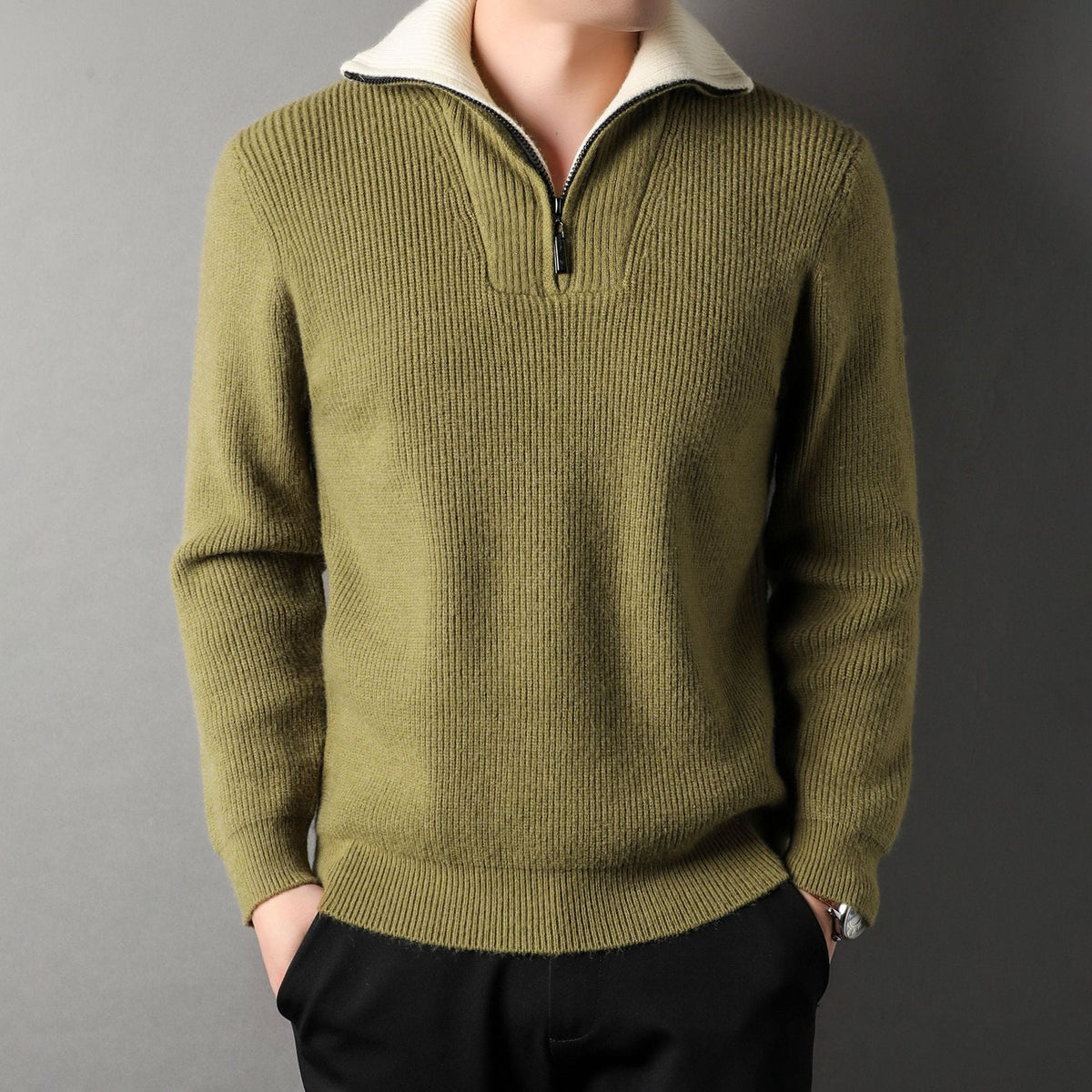 Men Sweater | Quarter-Zip Ribbed Knit with Contrast Collar