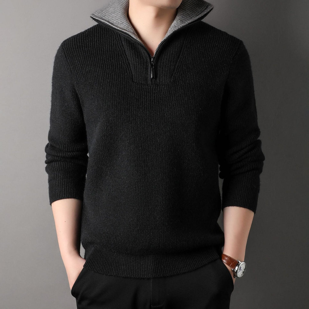 Men Sweater | Quarter-Zip Ribbed Knit with Contrast Collar