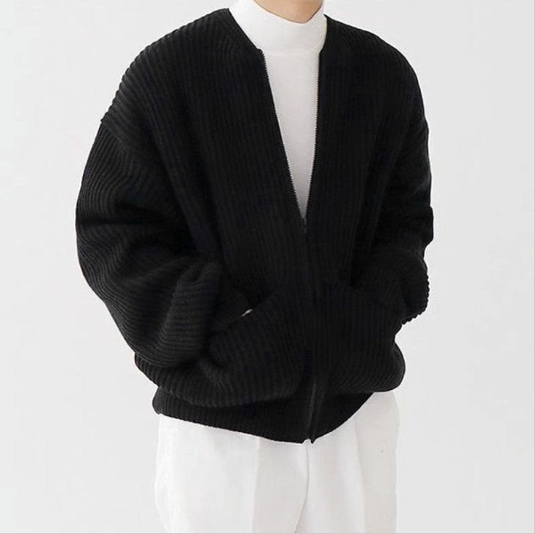 Men Cardigan | Zip-Up Crew Neck Ribbed Knit with Pockets