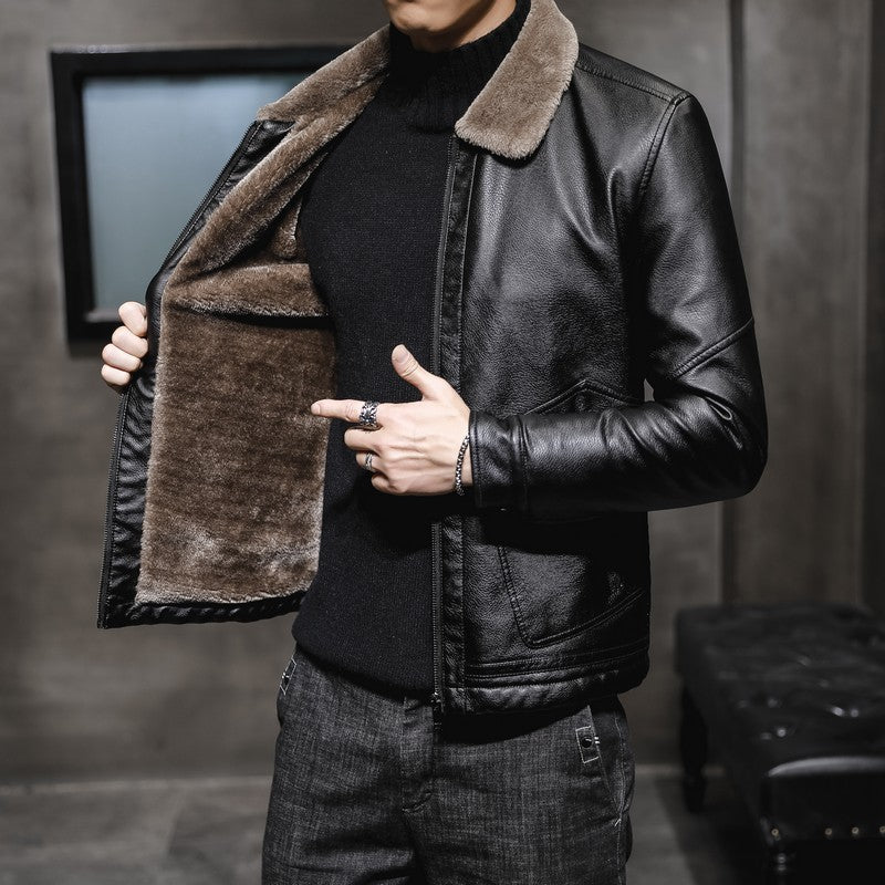 Men Jacket | Full-Zip Faux Leather with Faux Fur Collar