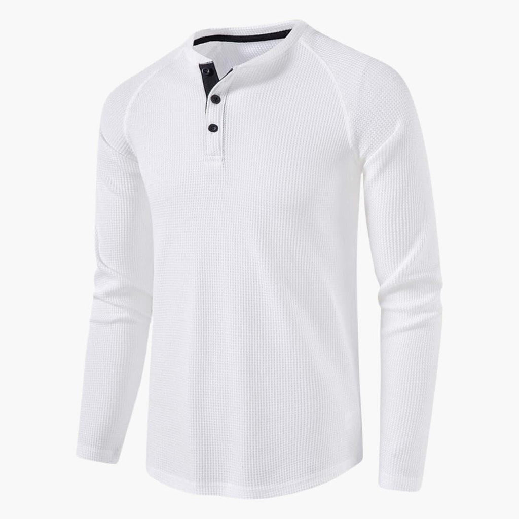 Men T-Shirt | Waffle-Knit Henley with Relaxed Fit Long Sleeve
