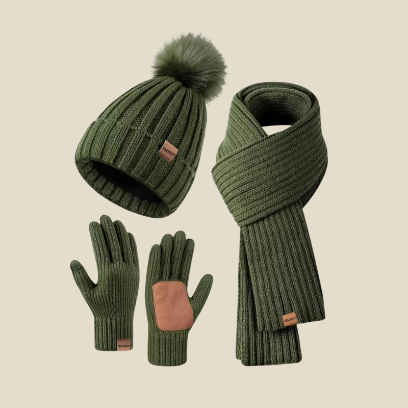 Women Set | Ribbed Knit Beanie Scarf and Gloves Three-Piece